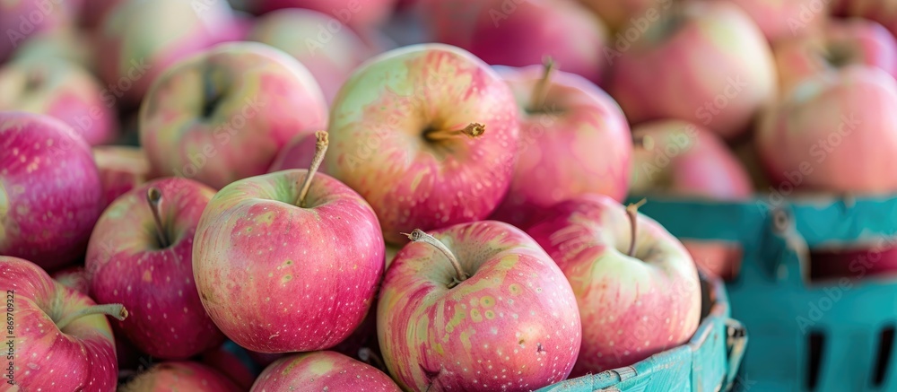 Aufkleber A photo of ripe apples in a basket with pink and turquoise tones creating a vibrant look, showcasing a beautiful display with copy space image.