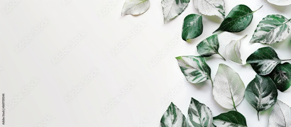 Wall mural green leaves turning white withered on a white background, creating a striking contrast with ample c