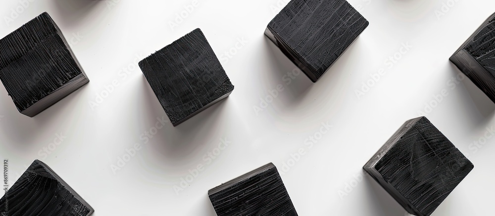 Poster wooden cubes painted black set on a white background with available copy space image.