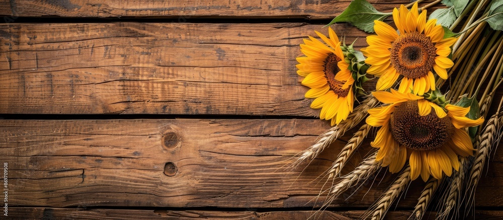 Poster Sunflowers and wheat ears arranged on a rustic wooden backdrop with copy space image.