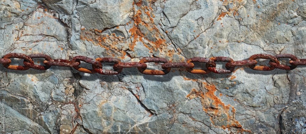 Poster rusty chain accentuates copy space image on granite.
