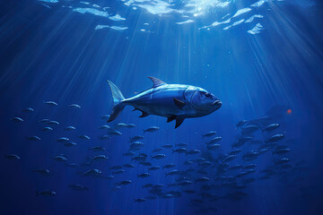Fototapeta premium Deep blue sea underwater scete with a school of fish swimming in tranquility.