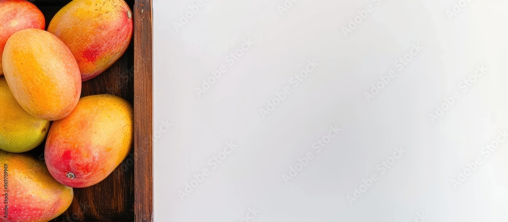 Poster Top-down view of a ripe mango in a wooden box placed on a white backdrop, presenting ample copy space for text or images.