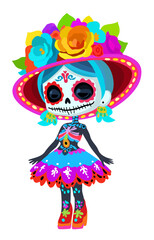 Catrina. Female symbol of Day of the Dead. Bright cute dead girl. Vector isolated illustration