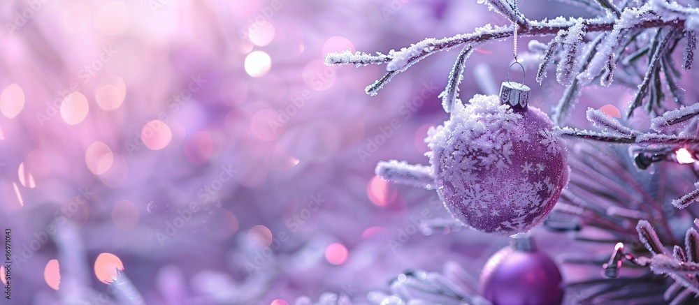 Aufkleber frost-covered branches adorned with a christmas bauble over a violet background, conveying a festive