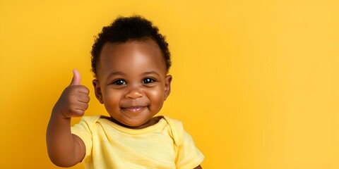 Sweet image of African American baby boy giving thumbs up on yellow. Concept Baby Portraits, Thumbs Up, African American, Yellow Background, Joyful Expression