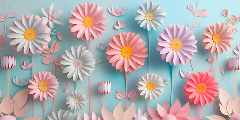 Obraz premium creative background,gentle pastel garden: paper-like daisies in soft pink hues, ideal for designing serene greeting cards, feminine blog graphics, and romantic wedding