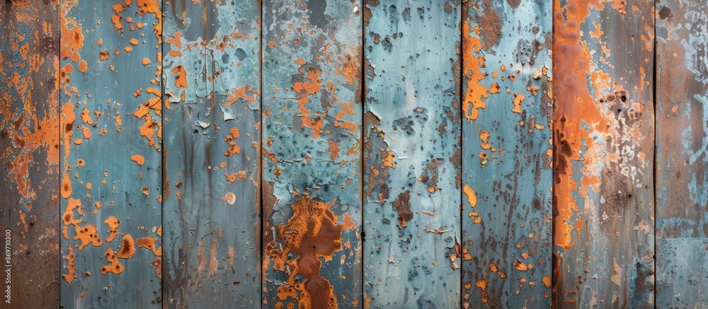 Poster decaying steel sheet with rust, flaking paint, and corrosion for background with copy space image.