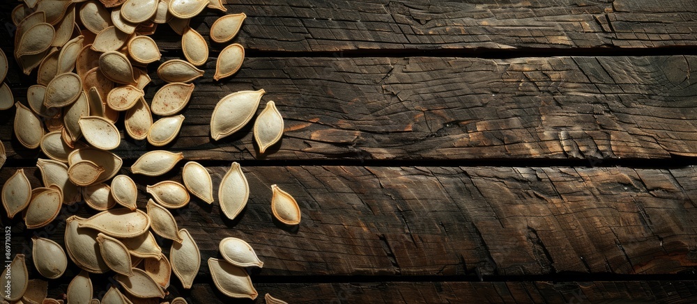Poster arrangement of pumpkin seeds on the left side of the photo, set against a dark wooden backdrop, crea