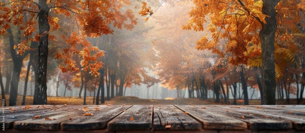 Poster Autumn forest backdrop with trees a backdrop to an empty wooden table for placing inscriptions or advertisements. Ideal for copy space image.