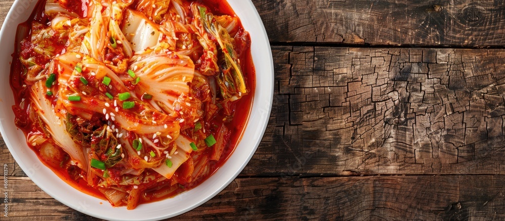 Poster a top view of korean cabbage kimchi in a white bowl on a wooden surface with selective focus. the le