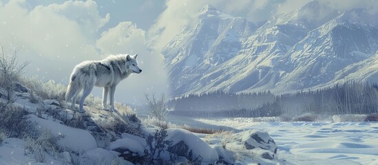 Naklejka premium An Arctic wolf in a snowy landscape with a clear, open space in the picture for additional text or images.