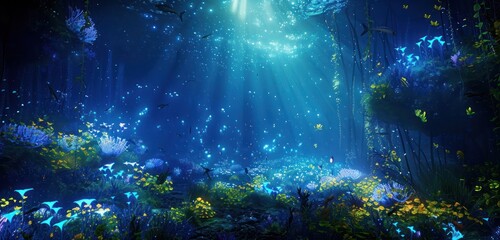 Luminous deep sea scene with bioluminescent creatures and underwater flora, casting a mystical glow.