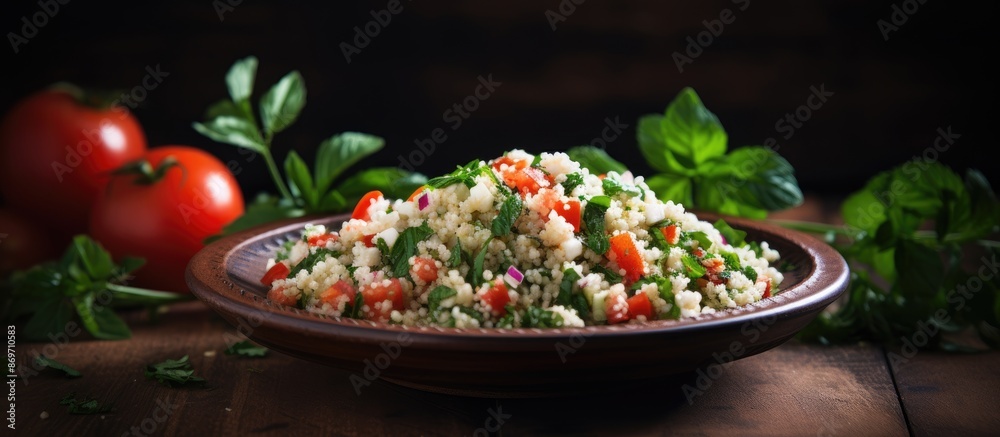 Poster tabbouleh salad made with couscous, feta cheese, tomatoes, basil, and chili placed on a wooden table