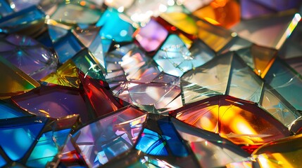 Colorful Reflections in Broken Glass: A broken window with colorful reflections of stained glass fragments scattered around it.
