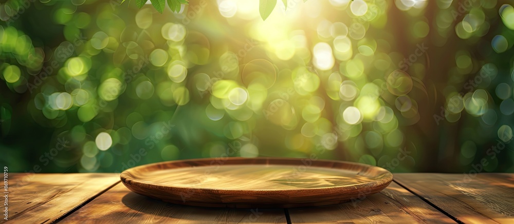 Aufkleber Wooden table with empty plate on top against a green blurred background. Copy space image available.