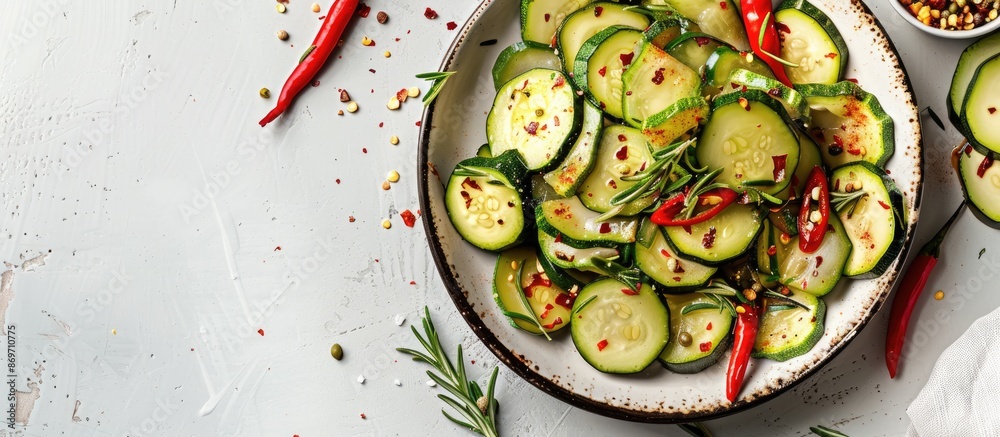 Poster top view of zucchini and chili pepper pickles arranged on a plate with a white background, perfect f
