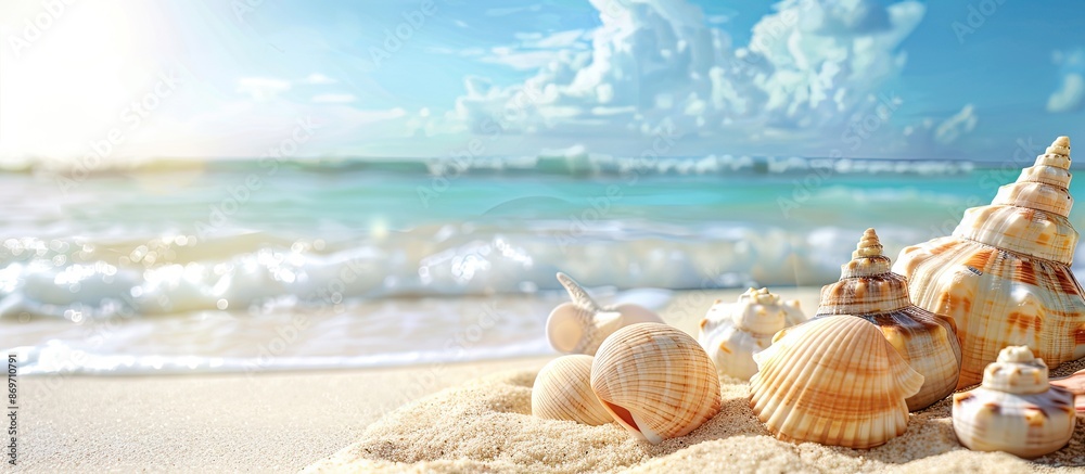 Poster Beach scene with seashells on sand and object hidden beneath, copy space image.