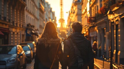 Obraz premium closeup of Couple walking in Paris Happy couple going on vacation together, walking down the streets of Paris , Golden Hour light, add copyspace for text