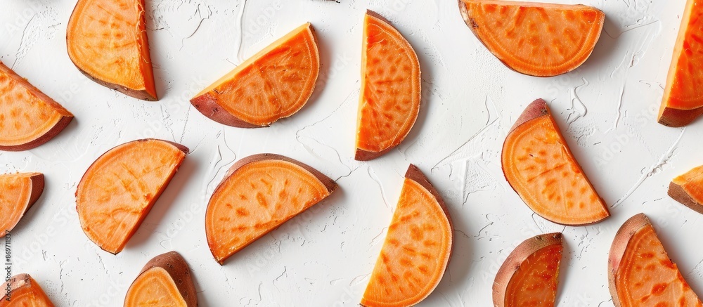 Poster Sweet potato slices arranged on a white backdrop with space for text or graphics, creating a clean and professional copy space image.