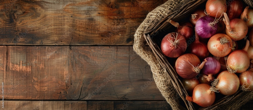 Poster onions arranged in a basket on a rustic wooden surface with copy space image.