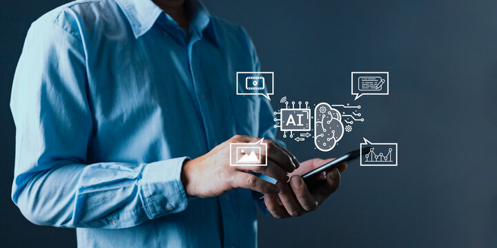 Man hold icon ai and use smartphone, Marketers education, research, analyze media video streaming content creation and online marketing strategies to grow their digital business.