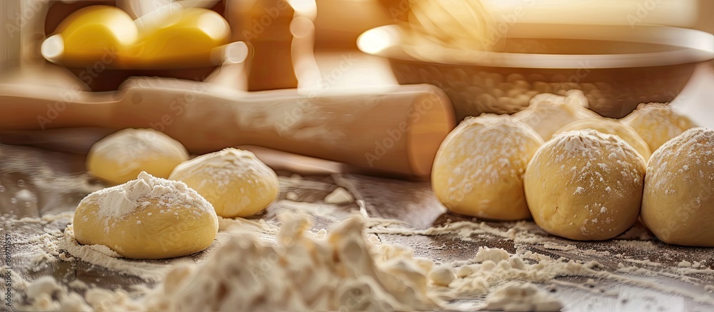 Poster Baking dough rolled and shaped into cakes on a tabletop. Background with copy space image.