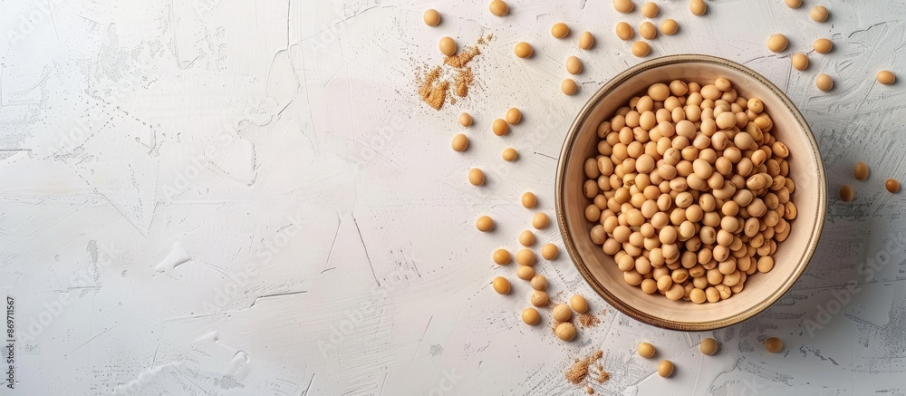 Poster healthy concept with soybeans in a bowl on a white table background, providing copy space image.