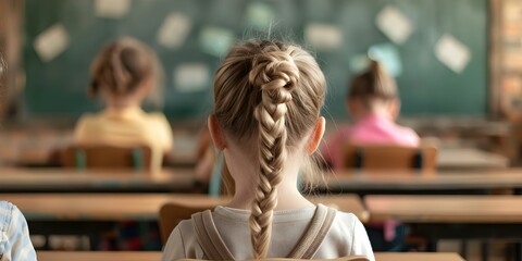 Rural schoolchildren seated at desks in classroom facing away from camera. Concept Rural Education, Classroom Setup, Schoolchildren, Academic Environment, Rural Development
