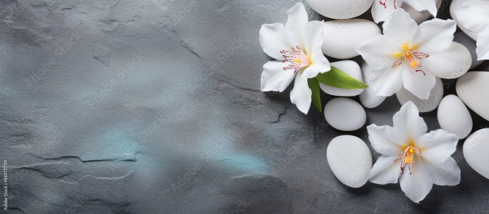 Poster towel background with spa stones and spring flowers, perfect for a copy space image.