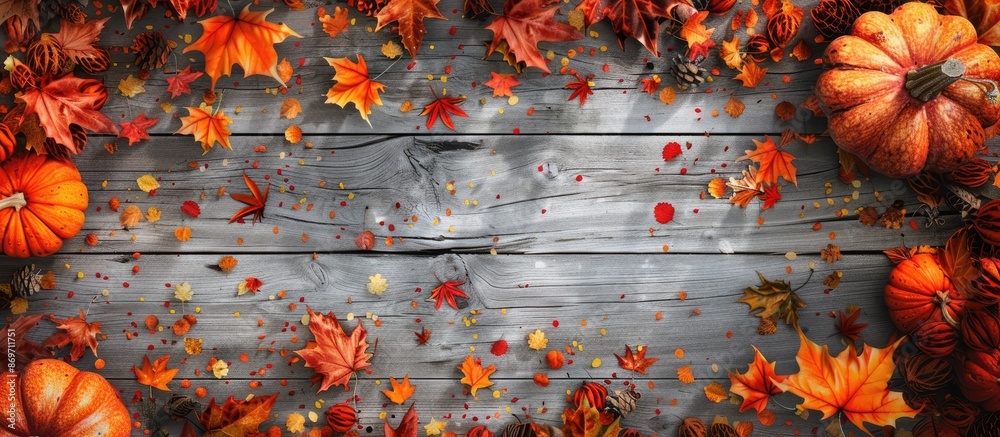 Poster A fall-themed setting with colorful leaves and pumpkins on a wooden surface, suitable for adding text or other visuals in the copy space image.