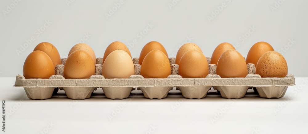 Poster Side view of a tray of eggs on a white background, creating a perfect copy space image for food objects.