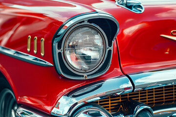 Fototapeta premium A close-up shot captures the timeless allure of a classic red car's headlight. Its polished chrome rim and intricate details evoke a vintage charm