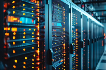 A data center room typically features server racks and networking devices neatly organized within rack cabinets. The setup includes rows of servers, switches, routers, and other equipment essential f
