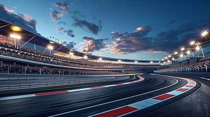 Circular asphalt racing track with cheering fans and illuminated floodlights Professional digital 3d illustration of racing sports, add copyspace for text