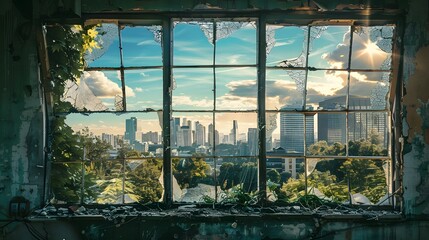 Fototapeta premium Cracked Window with Urban Skyline: A cracked window with an urban skyline visible through the breaks, blending nature and city. 