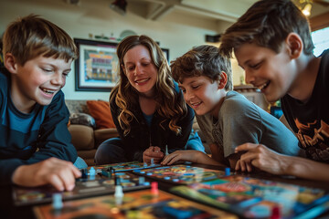 Fototapeta premium A family is gathered in the living room, engaged in playing board games together. The scene captures the joy and interaction among family members, emphasizing the concept of quality time and together