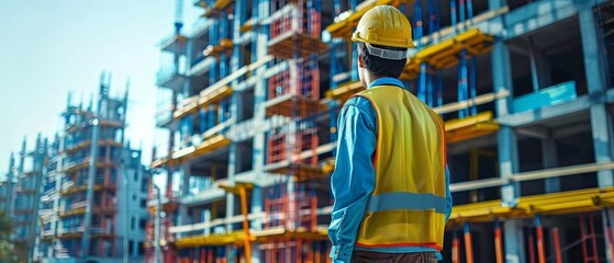 Construction site concept with one civil engineer standing nearby Postproducted generative AI illustration, add copyspace for text