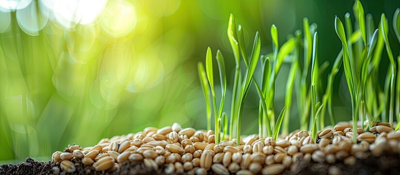 Adopt a healthy lifestyle by sprouting wheat seeds to grow wheatgrass juice, enriching your raw diet nutrition with a copy space image of biological wheat seeds.
