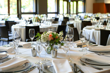 A large banquet hall is elegantly arranged with tables and chairs set up for a significant event
