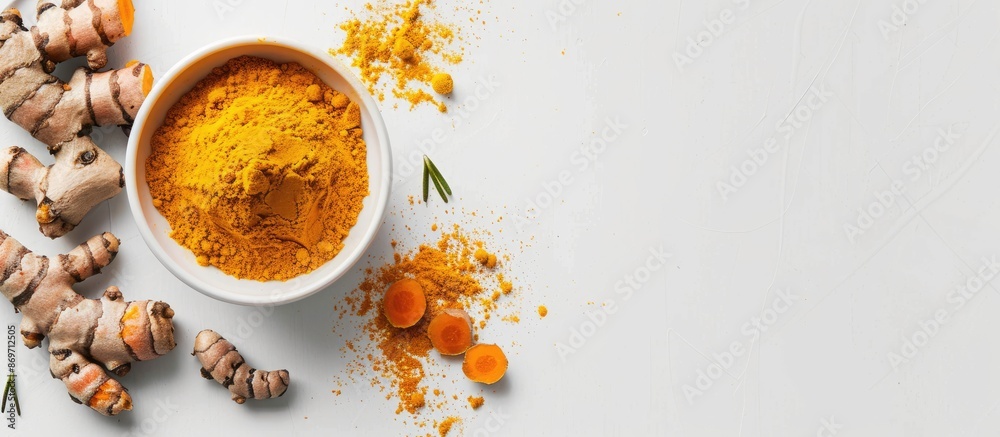 Poster Turmeric roots and powder showcased in a white bowl with a white backdrop, creating a visually appealing copy space image.