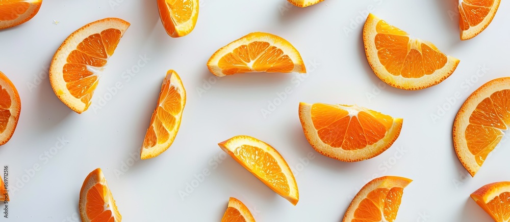 Poster top down view of orange peel pieces on a white backdrop with copy space image.