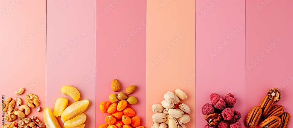 Aufkleber Raw nuts and fruits arranged in a row isolated on a vibrant background with copy space image available.