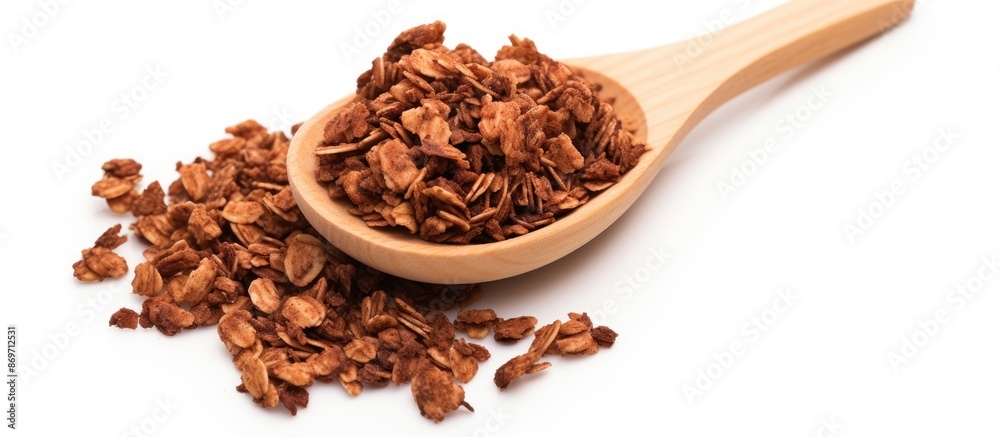 Poster a wooden spoon holds chocolate granola cereal with nuts, displayed against a white background, creat