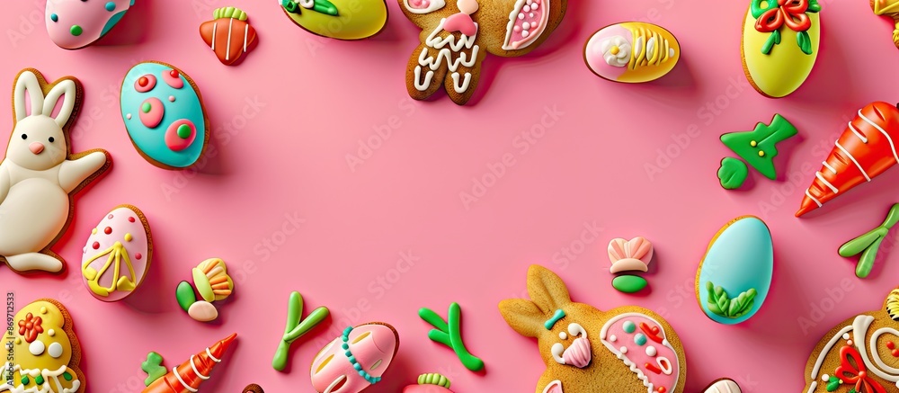 Poster mock-up easter greeting card featuring vibrant artistic elements like rabbits, eggs, chickens, and c