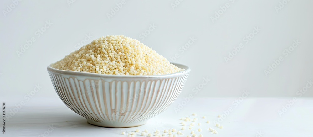 Poster white ceramic bowl with dry couscous against a bright white background, shown in a soft light and an