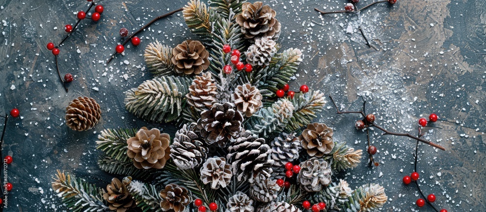 Poster top-down view of a christmas tree made of twigs, adorned with brown pine cones, red berries, and sno