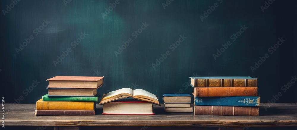 Poster a wooden table hosts a stack of books; an open book atop symbolizes education background, with a 'ba
