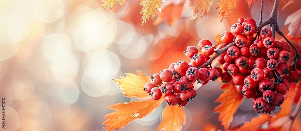 Aufkleber close-up of red rowan berries and leaves on a branch in autumn, with sour yet vitamin c-rich berries