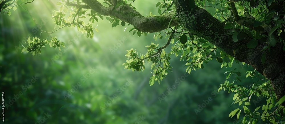 Poster summer forest backdrop with lush green tree branches, ideal for a copy space image.